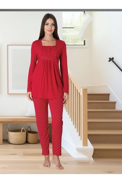 Cotton Comfortable Cut Maternity Pajama Set with Nursing Features Effortt - Cherry