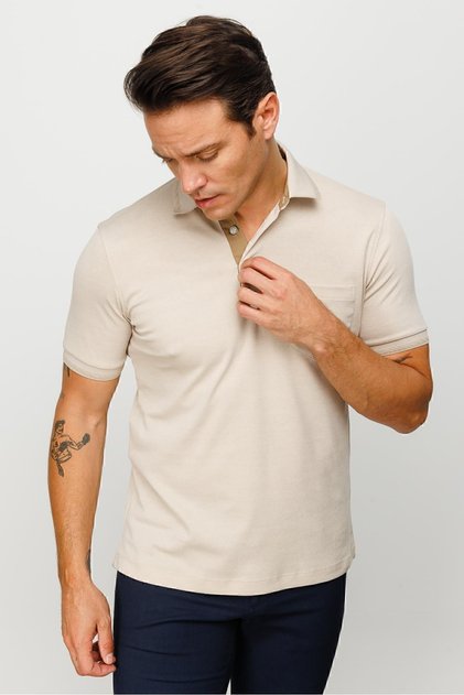 Men's Polo Neck Collar and Sleeve Knitwear Pocket T-shirt Beige