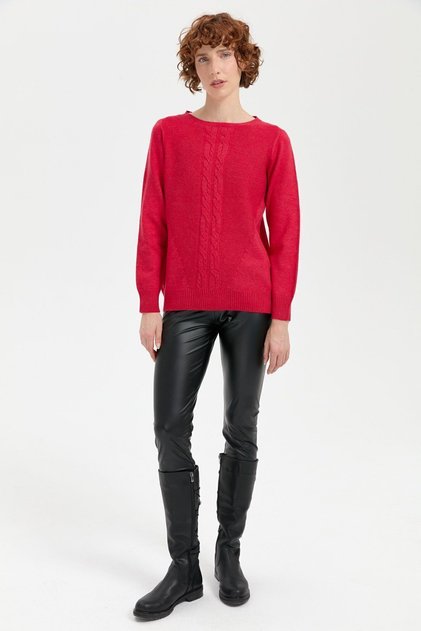 Women's Crew Neck Front Hair Braided Sweater Red