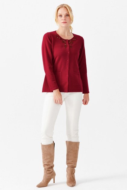 Women's Crew Neck Embroidered Buttoned Thin Cardigan