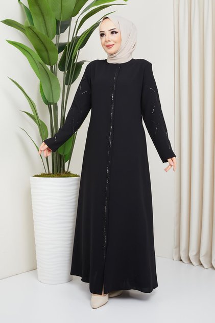 Abaya neagră de mărime mare cu detalii în piatră