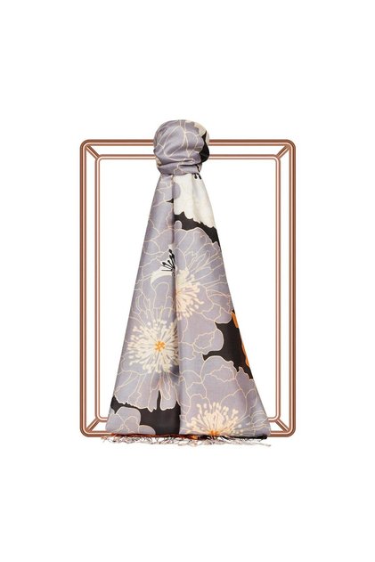 Patterned Silk Scarf - Hydrangea Basket Pattern - Black Orange Gray
