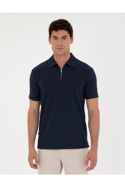 Navy Blue Slim Fit Zippered Polo Collar T-Shirt 50288915-Vr033