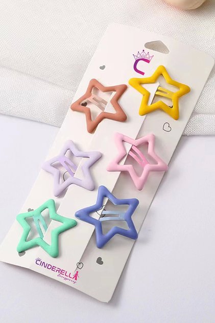 Set of 6 Matte Soft Colored Big Star Snap Hair Clips 4cm - Girls' Star Snap Hair Clips
