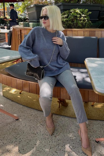 Indigo Crew Neck Oversize Knitwear Sweater Sh173