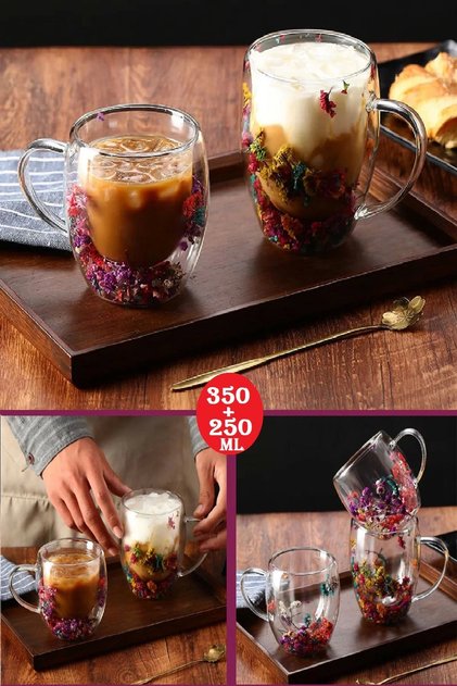 Set of 2 Flower Cups Double Sided Flower Cups Presentation Cups Handmade Borosilicate 250 Ml 350 Ml