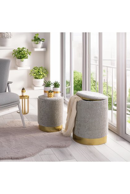 Comfort 2li Puf Yuvarlak Sandıklı Gri