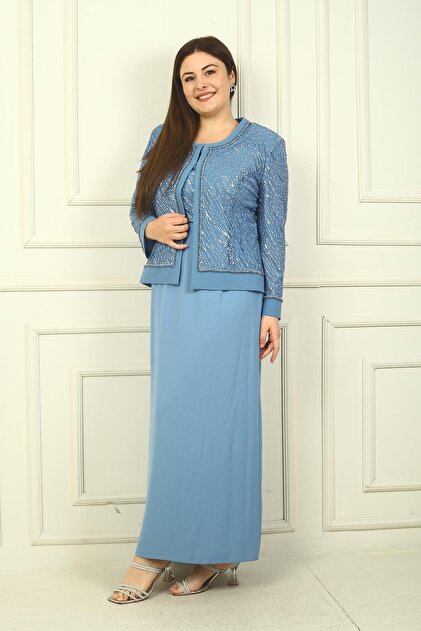 By Sayg Women's Beaded Sequin Embroidered Tulle Jacket Half Moon Sleeves  Long Dress Lined Plus Size 2 Piece Set- Trendyol