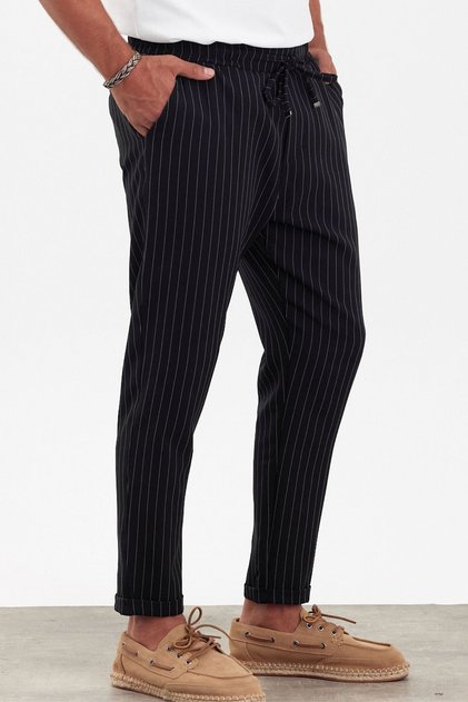 New season men's boyfriend fit elastic waist double leg striped black trousers mz22033