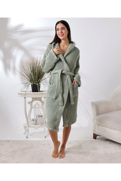 Sage Green Unisex Hooded 100% Organic Cotton Waffle Bathrobe