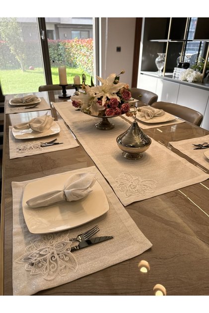 7-Piece White French Lace Silver Glittery Placemat and Table Runner Set (NAPKINS NOT INCLUDED)