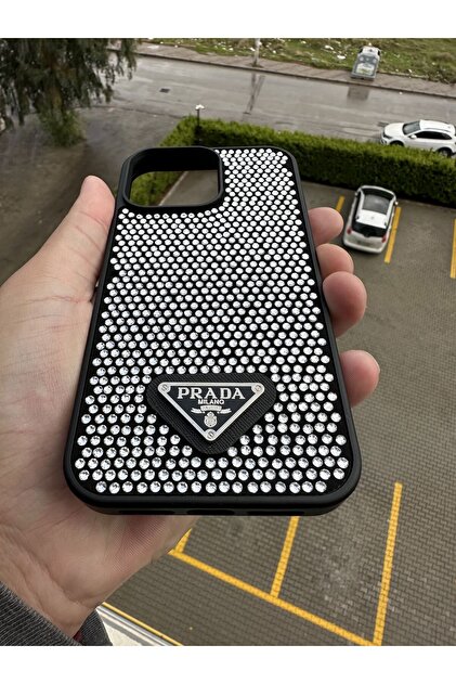 casehometr İphone 14 Promax Uyumlu Prada Taşlı Siyah Silikon Kılıf