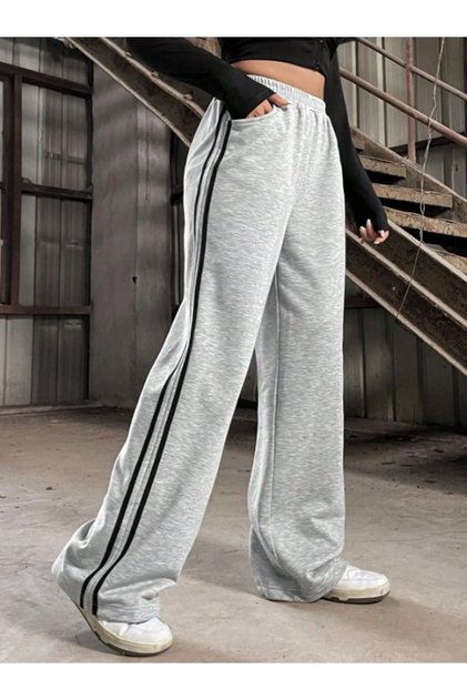 Gray Double Striped Women's Wide Leg Sweatpants