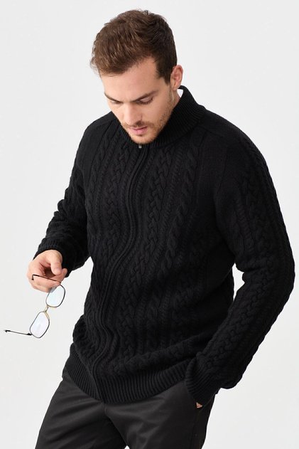 Men's Half Turtleneck Braided Wool Jacket Black