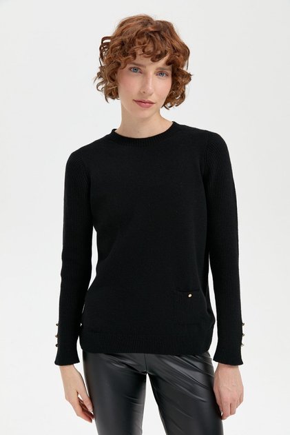 Women's Crew Neck Seamless Pocketed Wool Sweater Black
