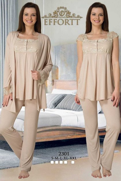 Pregnant Effort Maternity 3-Piece Pajama Set Beige