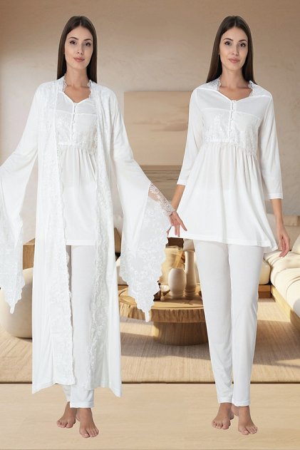 Effortt Ecru Maternity Pajama Set with Dressing Gown