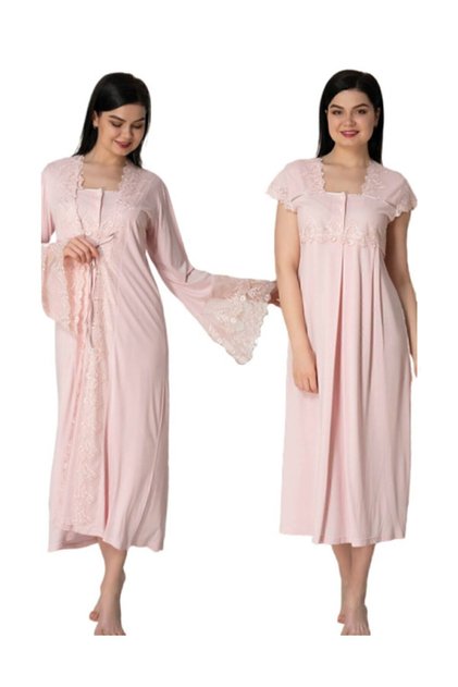 Effortt Pink Long Princess Maternity Nightgown Set with Lace Dressing Gowns 5010