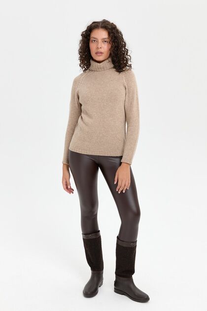 Women's Full Turtleneck Shoulder Hair Braided Wool Sweater Dark Beige