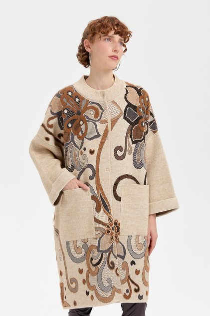 Women's High Collar Large Floral Poncho T.Melange_Black Glitter