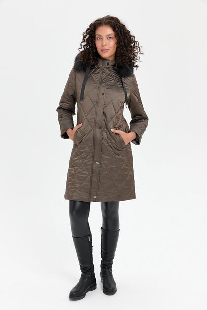 Women's Hooded Fur-Trimmed Diamond Patterned Quilted Coat Mink