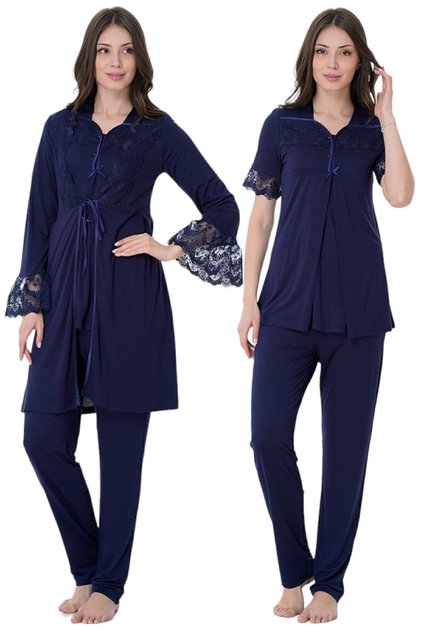 Effortt Navy Blue Maternity Pajama Set with Dressing Gown