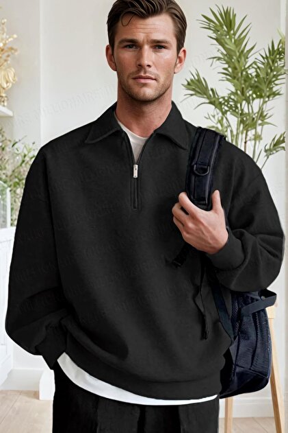 Men's Black Half Zipper Polo Collar 3 Thread Fleece Inside Ribbed Oversize Sweatshirt