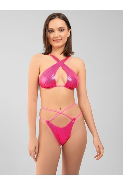 Metalik Pembe Dikişsiz Çapraz Bikini Üstü