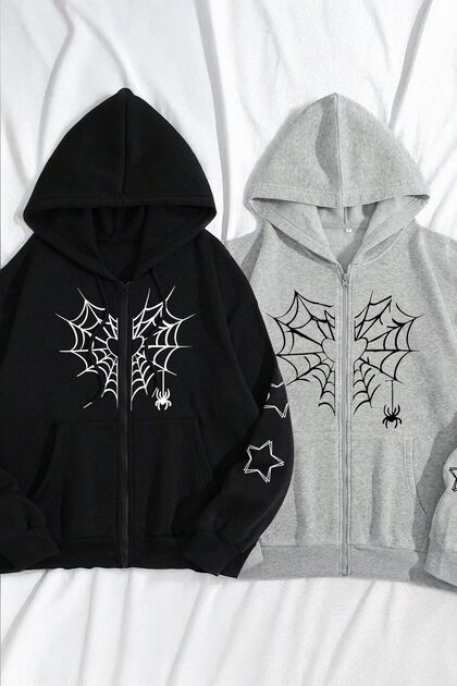modaberry 2'Li Yıldız Örümcek Ağ Sweatshirt Fermuarlı Hırka