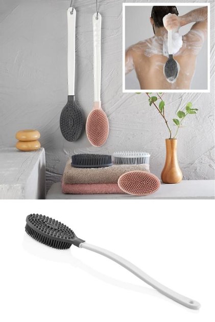 Long Handle Body Massage Brush, Double Sided Back Scrub Bath Shower Massage Soft Brush ANTHRACITE COLOR