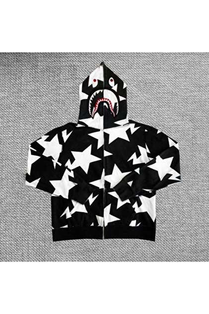 AXXAN Erkek Bape Dijital Yıldız Baskılı Kapüşonu Fermuarlı Hırka