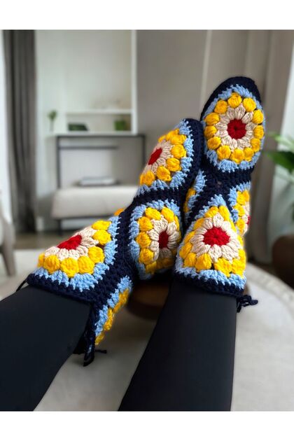 Hand Knitted Home Boots and Socks - Motif Detailed
