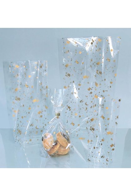 Gold Color Patterned Transparent Cookie Gelatin 10 Pieces 11.5 X 19cm Cookie Accessory Bag