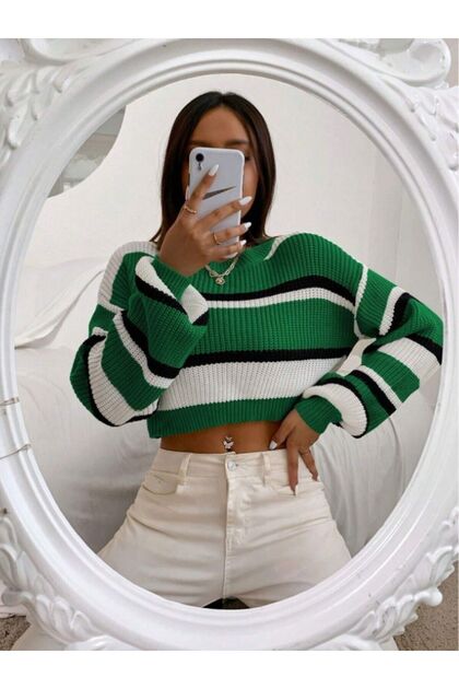 Dier Moda Thick Striped Thessaloniki Knit Crop Women's Sweater