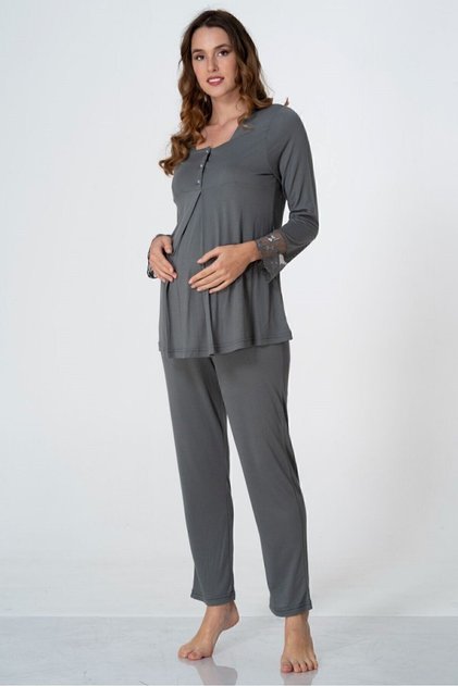 Cotton Fabric Comfortable Cut Maternity Pajama Set with Breastfeeding Feature - Smoked
