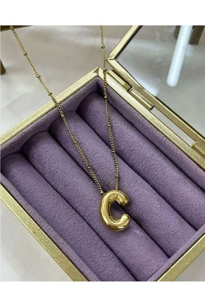 Three Dimensional Steel C Letter Balloon Gold Color Necklace