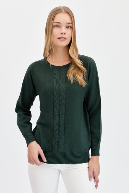 Women's Crew Neck Front Hair Braided Sweater Green