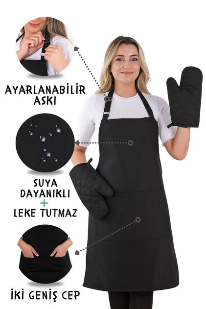 Simple 3'lü Set Ayar Askılı Cepli Mutfak Önlüğü Seti (2 ELDİVEN) Şef Garson Kafe Aşçı Barista