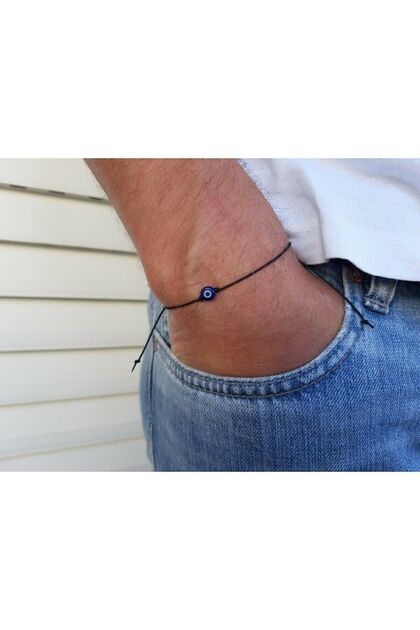 Dark Blue Evil Eye Beaded Lucky Bracelet Black Thread