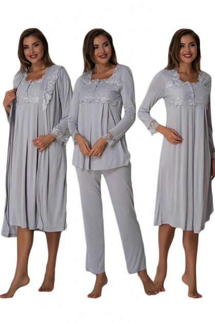 Effort Gray Maternity Pajamas Nightgown Set with Dressing Gowns 2405