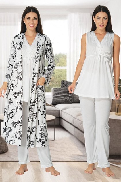 Women's Ecru Colored Patterned Maternity Pajamas Set with Dressing Gown 3 Pieces