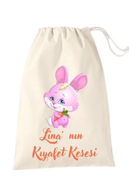 İsme Özel Kıyafet Kesesi Sevimli Tavşan 30 x 40 cm Tek Taraf Büzgülü