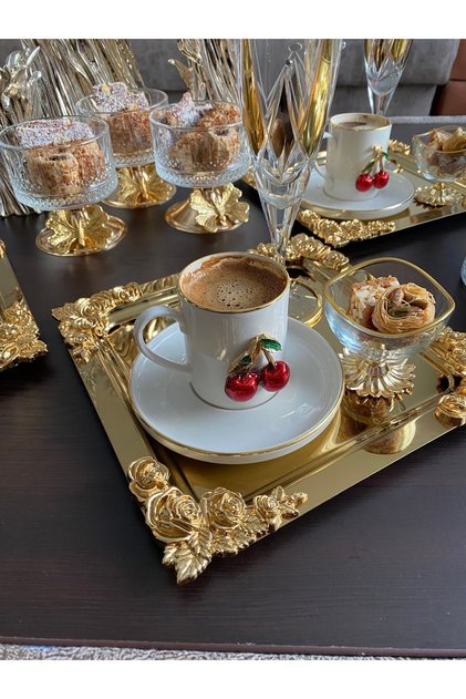 Single 1 Piece Coffee & Tea & Presentation Tray Metal Cast Iron Square Gold Tray Rose Model