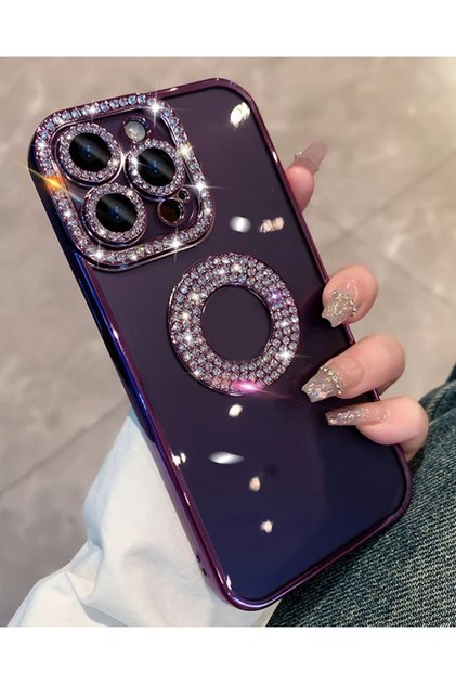 Iphone 14 Pro Max Taşlı Kamera Korumalı Derin Mor Lüks Kılıf