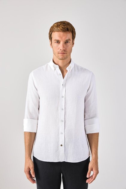 Collared Buttoned 100% Linen Comfort Fit Beige Men's Shirt