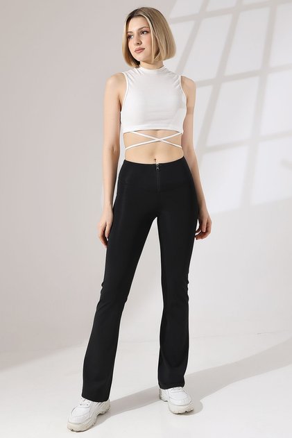 Black Women's Zipped Spanish Leg Sports Tights Firming Recovery Athlete Bootcut Leggings