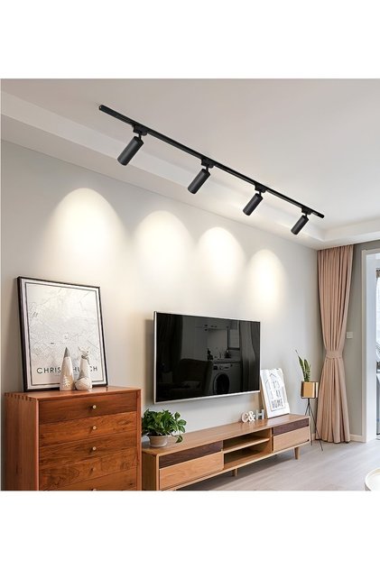 Led Siyah Kasa Beyaz Işık 4 Adet 360 Derece Dönen Led Ray Spot Lamba 1 Metre Raylı Armatür
