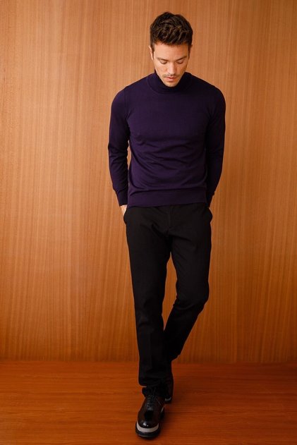 Men's Basic Full Fisherman Thin Knitwear Sweater Dark Purple