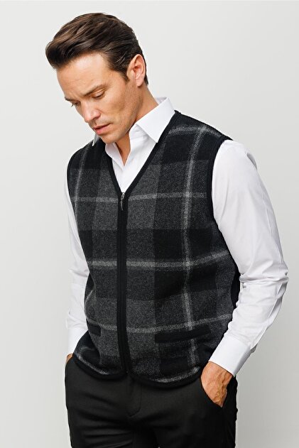 Men's V-Neck Front Checked Vest Black
