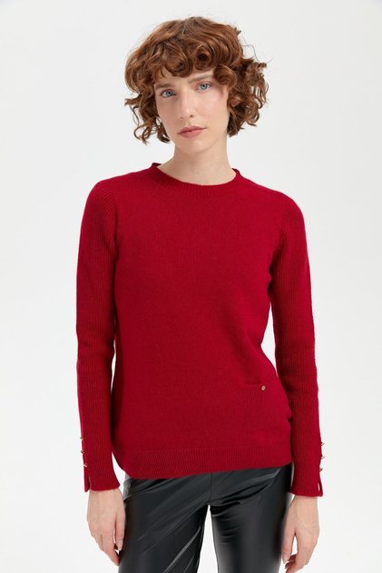 Women's Crew Neck Seamless Wool Sweater with Pockets, Dark Red